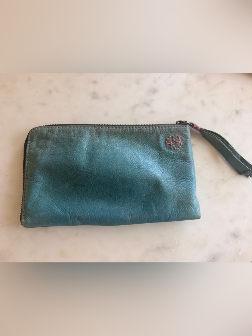 Teal Leather Zip Cosmetic Pouch with Wrist Strap
